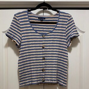 American Eagle Outfitters Blue and Cream Striped Button-Down Shirt